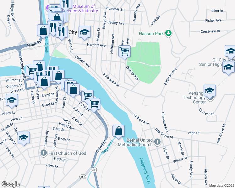 map of restaurants, bars, coffee shops, grocery stores, and more near 158 Colbert Avenue in Oil City