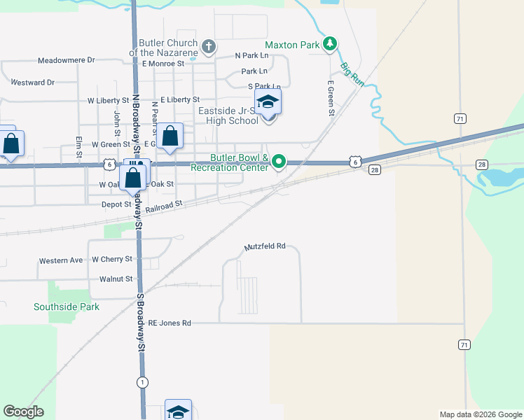 map of restaurants, bars, coffee shops, grocery stores, and more near 500 Erie Street in Butler