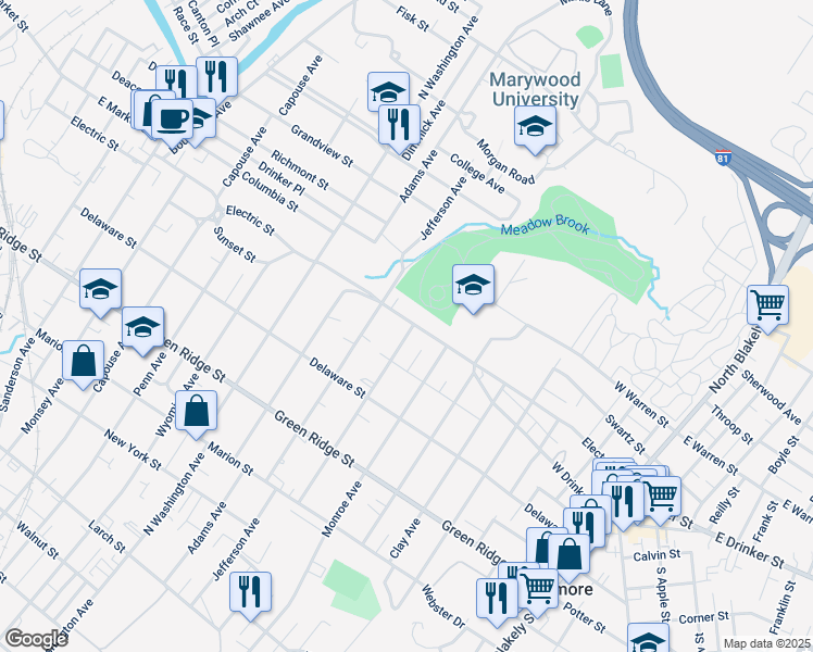 map of restaurants, bars, coffee shops, grocery stores, and more near 1729 Madison Avenue in Dunmore