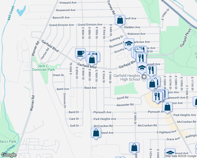 map of restaurants, bars, coffee shops, grocery stores, and more near 4865 East 90th Street in Garfield Heights