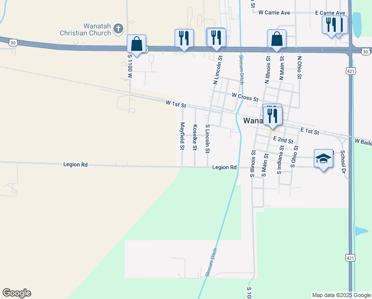 map of restaurants, bars, coffee shops, grocery stores, and more near 319 Mayfield Street in Wanatah