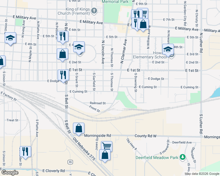 map of restaurants, bars, coffee shops, grocery stores, and more near 1657 East Cuming Street in Fremont