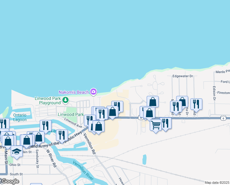 map of restaurants, bars, coffee shops, grocery stores, and more near 320 Salem Drive in Vermilion
