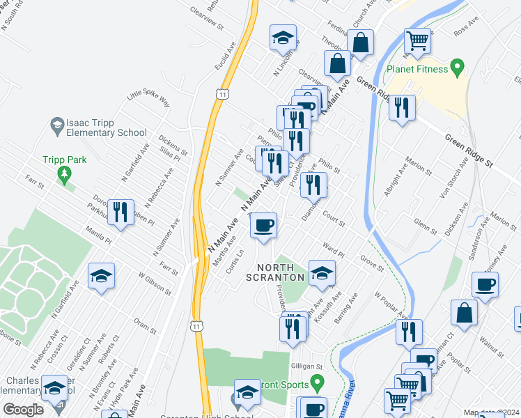 map of restaurants, bars, coffee shops, grocery stores, and more near 1015 Sterling Street in Scranton