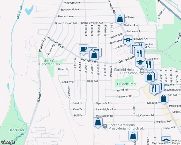 map of restaurants, bars, coffee shops, grocery stores, and more near 4866 East 88th Street in Garfield Heights