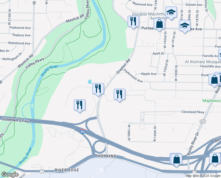 map of restaurants, bars, coffee shops, grocery stores, and more near 4725 Grayton Road in Cleveland