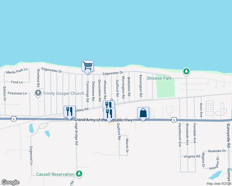 map of restaurants, bars, coffee shops, grocery stores, and more near 308 Guilford Road in Vermilion
