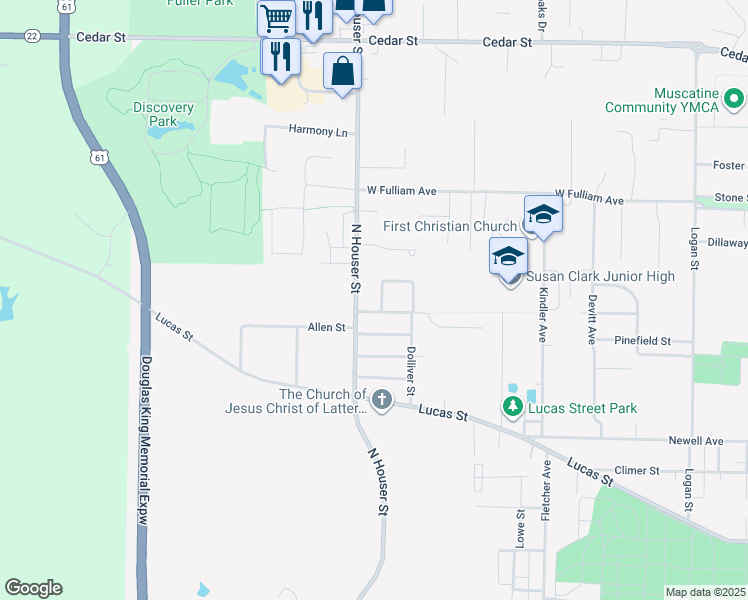 map of restaurants, bars, coffee shops, grocery stores, and more near 2902 Dawson Street in Muscatine