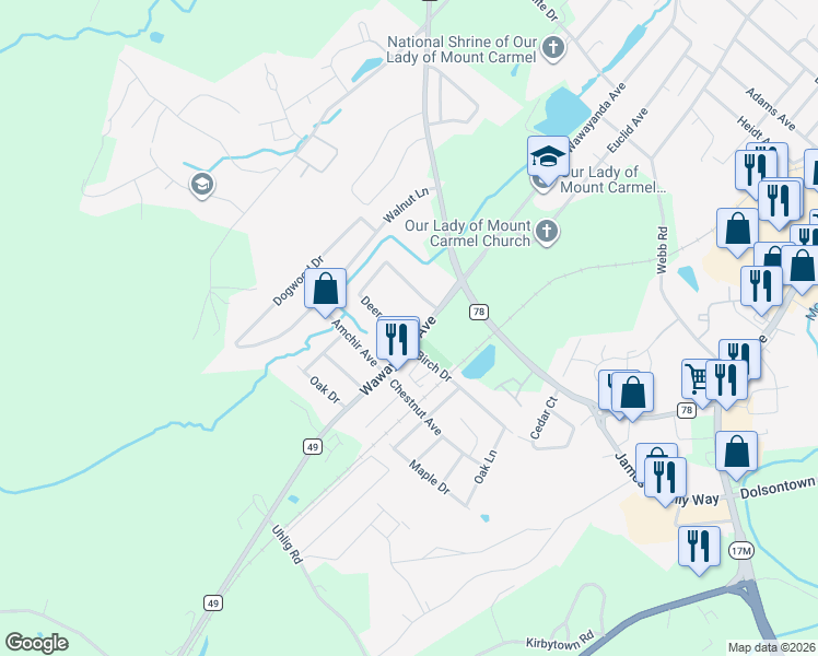 map of restaurants, bars, coffee shops, grocery stores, and more near 1 Birch Court in Middletown