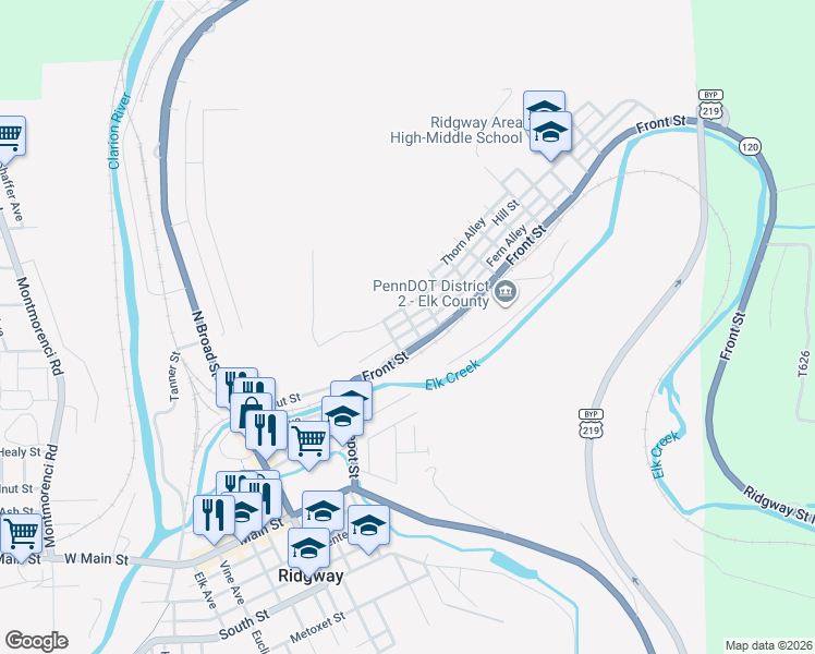 map of restaurants, bars, coffee shops, grocery stores, and more near 500 Front Street in Ridgway