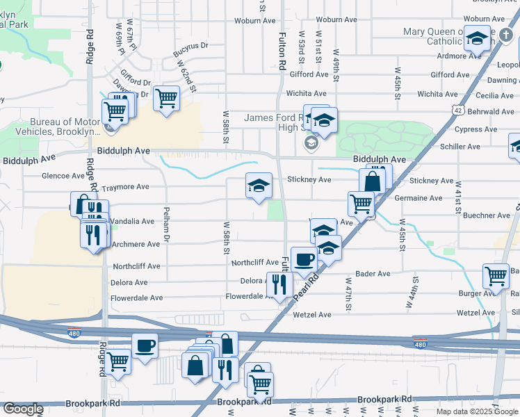 map of restaurants, bars, coffee shops, grocery stores, and more near 5515 Ira Avenue in Cleveland