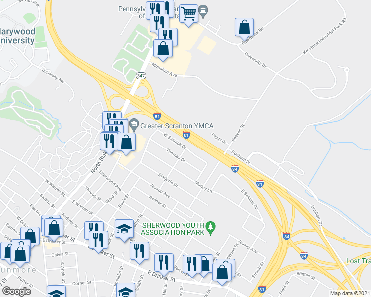 map of restaurants, bars, coffee shops, grocery stores, and more near 804 Brenda Lane in Dunmore