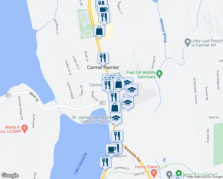 map of restaurants, bars, coffee shops, grocery stores, and more near in Carmel Hamlet