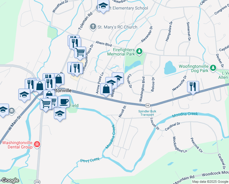 map of restaurants, bars, coffee shops, grocery stores, and more near 90 East Main Street in Washingtonville