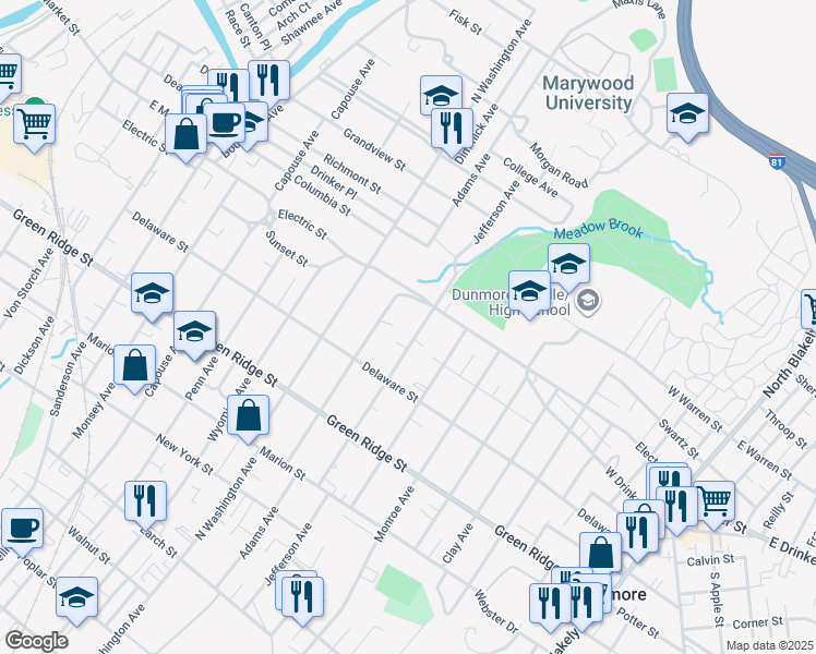map of restaurants, bars, coffee shops, grocery stores, and more near 1715 Jefferson Avenue in Dunmore