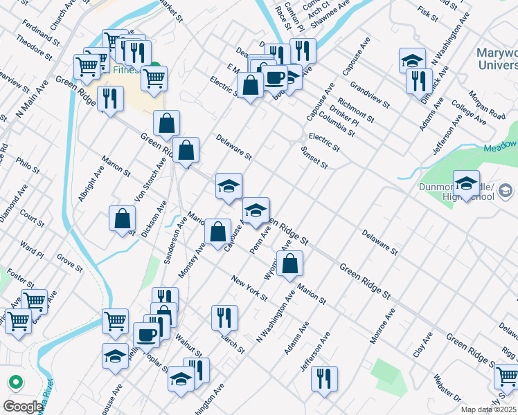 map of restaurants, bars, coffee shops, grocery stores, and more near 934 Green Ridge Street in Scranton