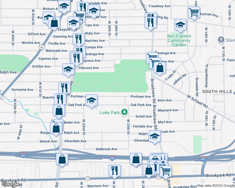 map of restaurants, bars, coffee shops, grocery stores, and more near 2626 Oak Park Avenue in Cleveland