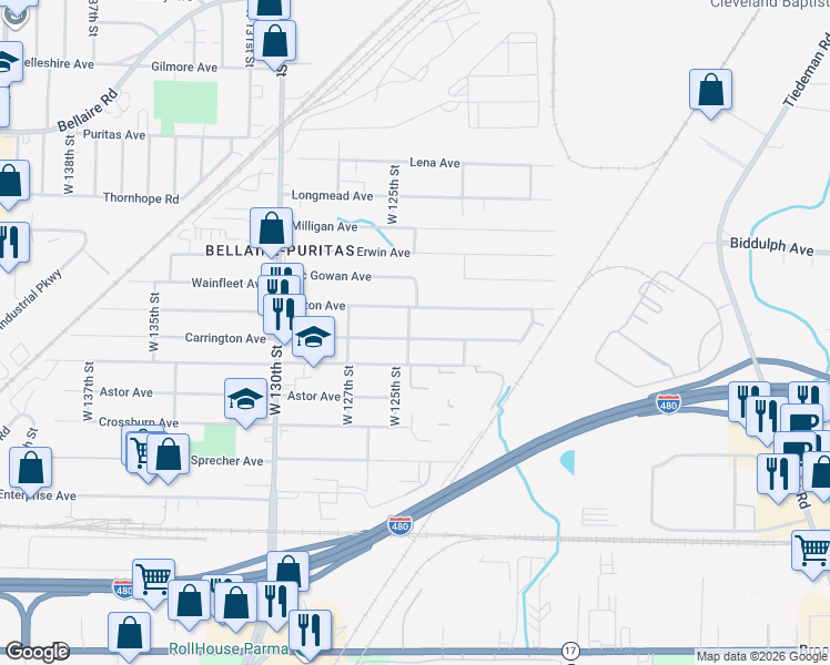 map of restaurants, bars, coffee shops, grocery stores, and more near 12420 Bennington Avenue in Cleveland