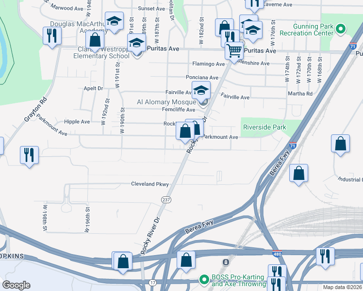 map of restaurants, bars, coffee shops, grocery stores, and more near 18400 Forestwood Avenue in Cleveland