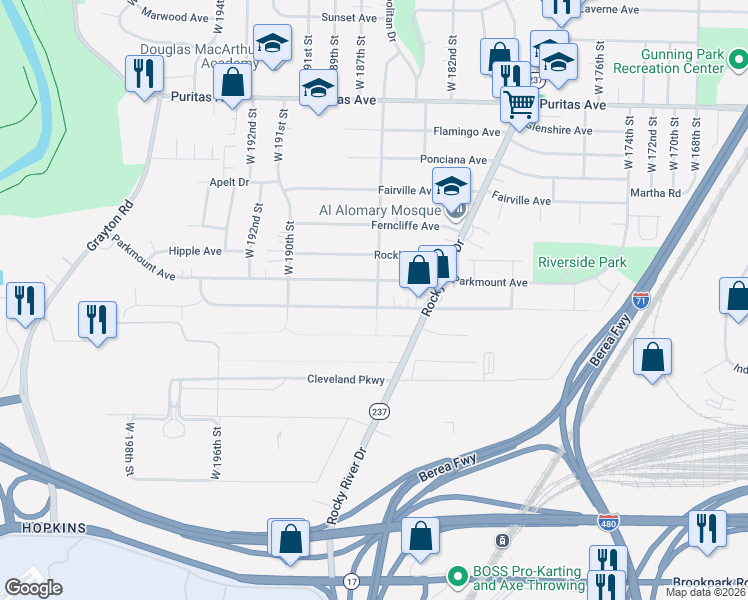 map of restaurants, bars, coffee shops, grocery stores, and more near 18512 Forestwood Avenue in Cleveland