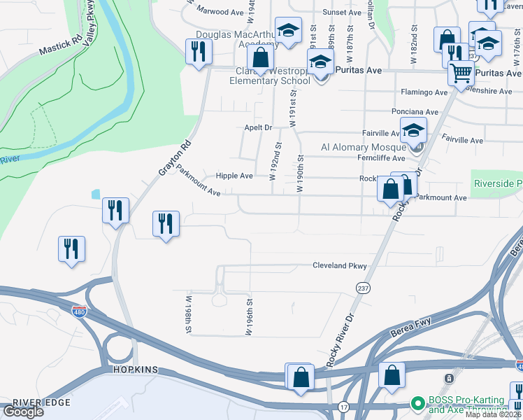 map of restaurants, bars, coffee shops, grocery stores, and more near 19146 Forestwood Avenue in Cleveland
