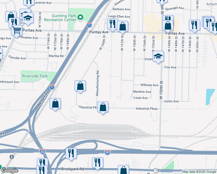map of restaurants, bars, coffee shops, grocery stores, and more near 4666 West 158th Street in Cleveland
