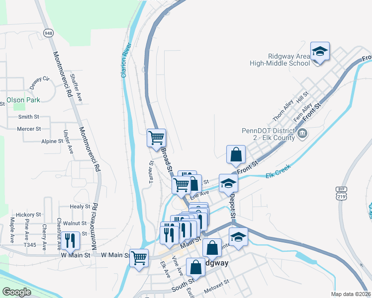 map of restaurants, bars, coffee shops, grocery stores, and more near 304 Florence Street in Ridgway