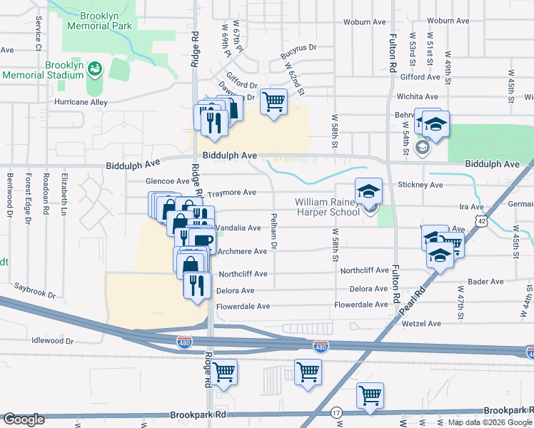 map of restaurants, bars, coffee shops, grocery stores, and more near 6123 Vandalia Avenue in Brooklyn