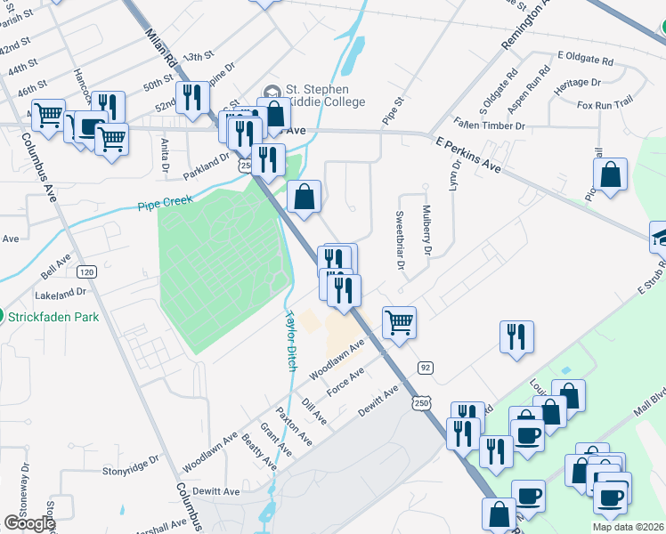 map of restaurants, bars, coffee shops, grocery stores, and more near 3303 Milan Road in Sandusky