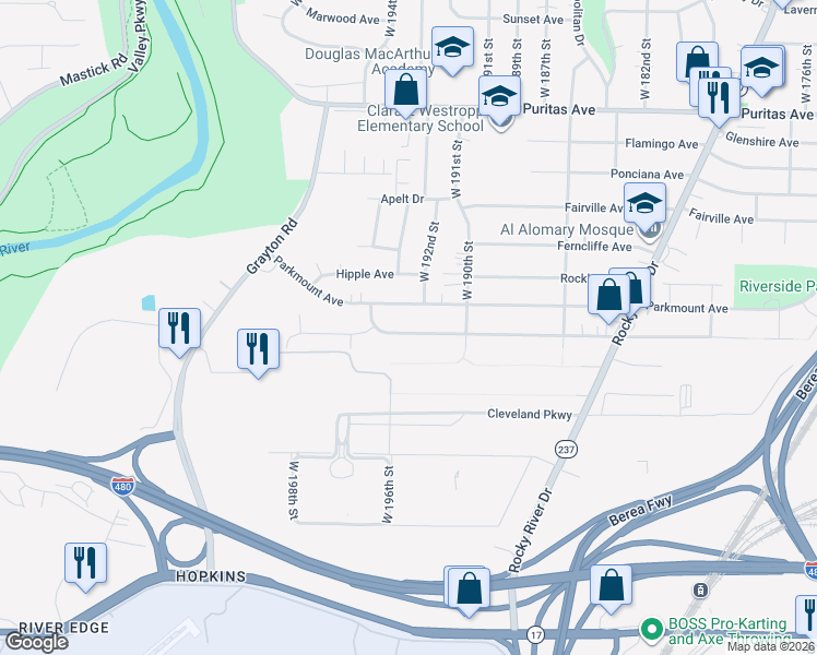 map of restaurants, bars, coffee shops, grocery stores, and more near 19146 Forestwood Avenue in Cleveland