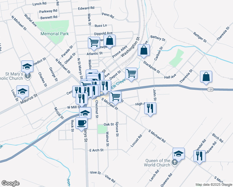map of restaurants, bars, coffee shops, grocery stores, and more near 300 Ash St in St. Marys