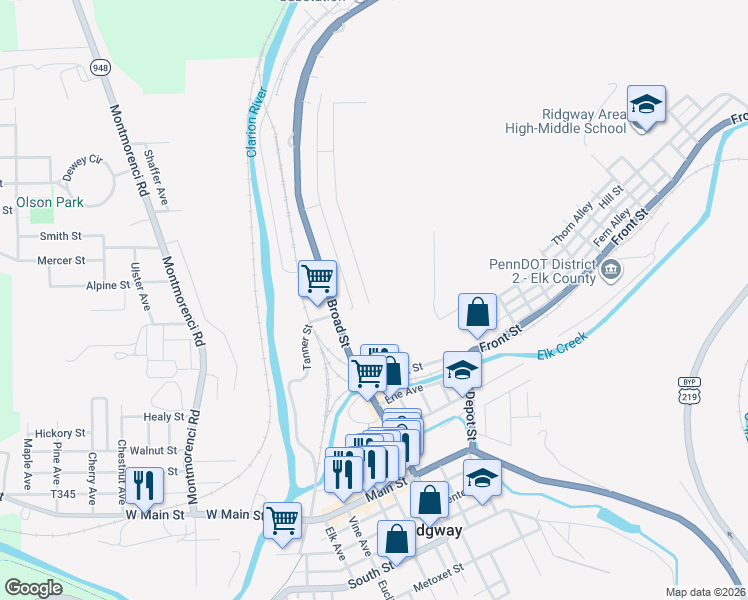 map of restaurants, bars, coffee shops, grocery stores, and more near 304 Florence Street in Ridgway