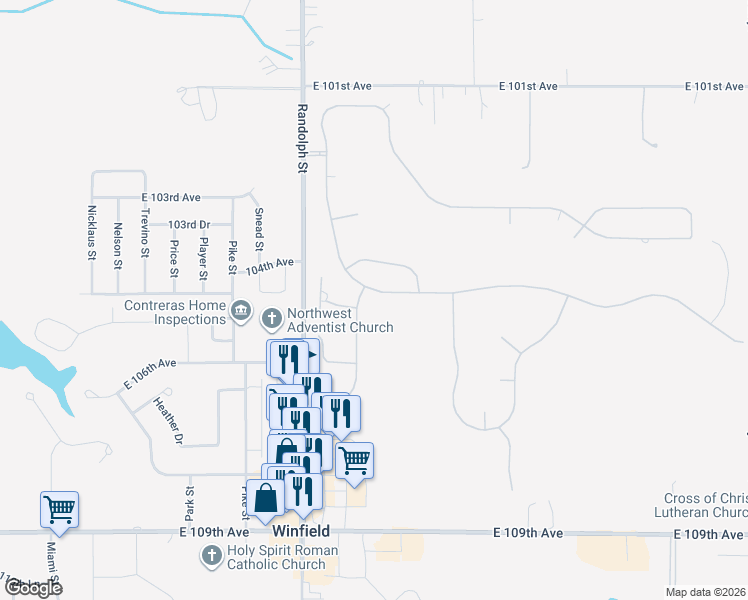 map of restaurants, bars, coffee shops, grocery stores, and more near 10519 Ontario Dr in Crown Point