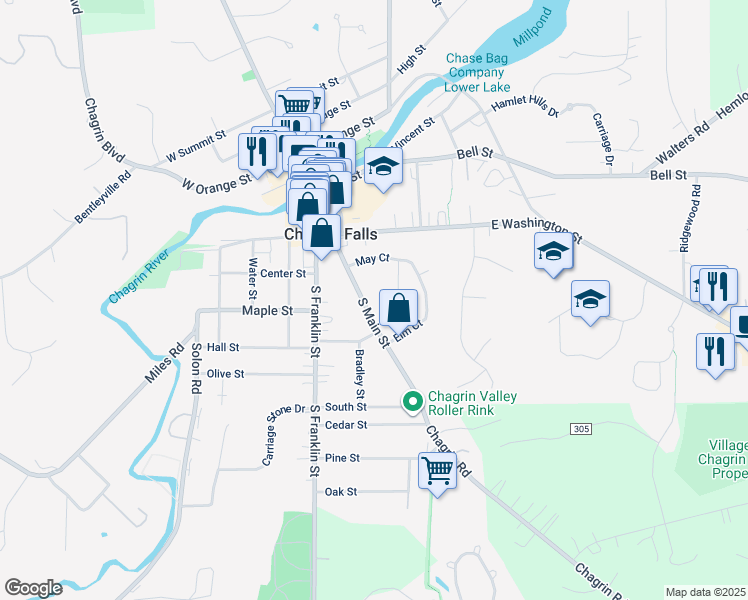 map of restaurants, bars, coffee shops, grocery stores, and more near 89 South Main Street in Chagrin Falls