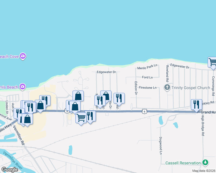 map of restaurants, bars, coffee shops, grocery stores, and more near 372 Elberta Drive in Vermilion