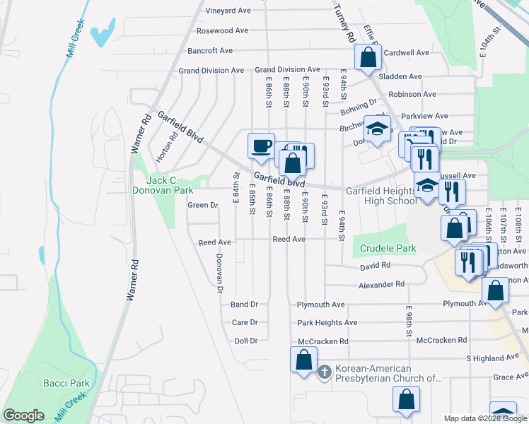 map of restaurants, bars, coffee shops, grocery stores, and more near 4813 East 85th Street in Garfield Heights