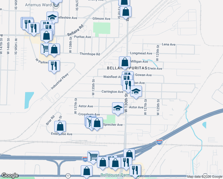 map of restaurants, bars, coffee shops, grocery stores, and more near 13320 Kirton Avenue in Cleveland