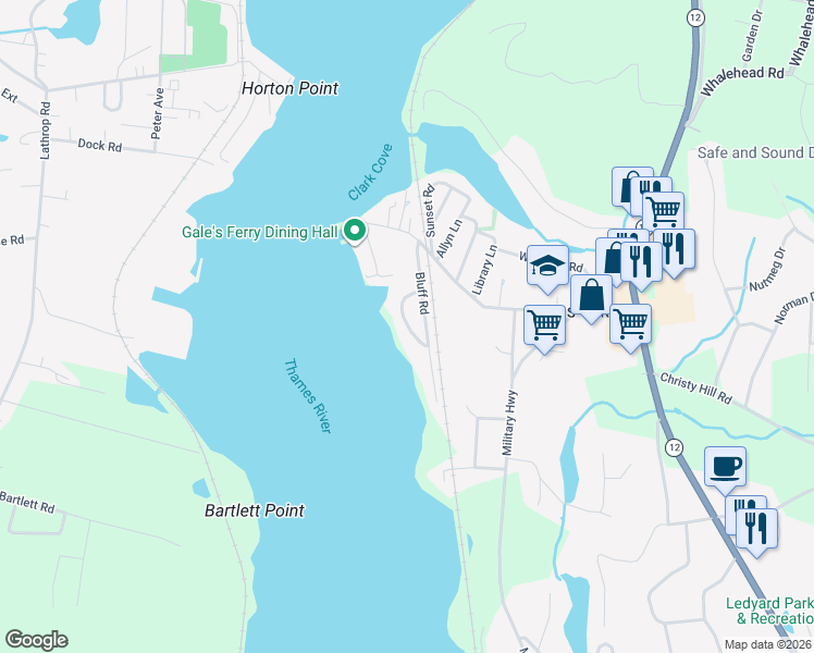 map of restaurants, bars, coffee shops, grocery stores, and more near 22 Bluff Road West in Ledyard