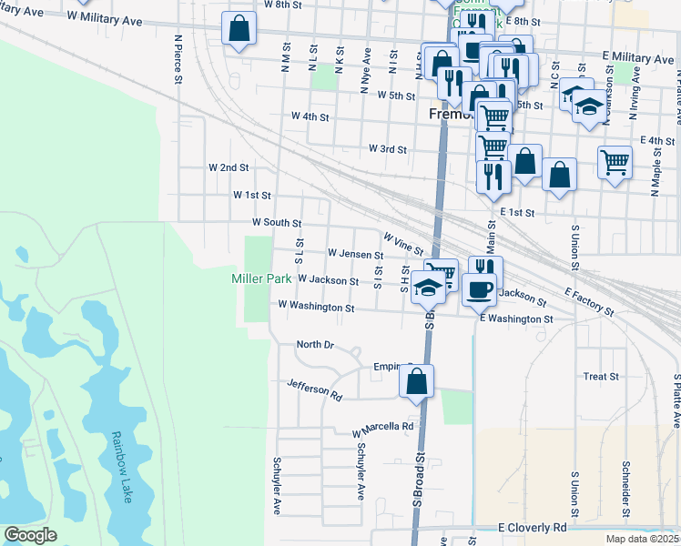 map of restaurants, bars, coffee shops, grocery stores, and more near 530 West Jensen Street in Fremont