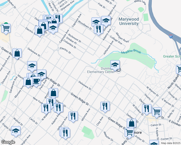 map of restaurants, bars, coffee shops, grocery stores, and more near 1304 Electric Street in Dunmore