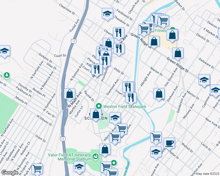 map of restaurants, bars, coffee shops, grocery stores, and more near 1212 Short Avenue in Scranton