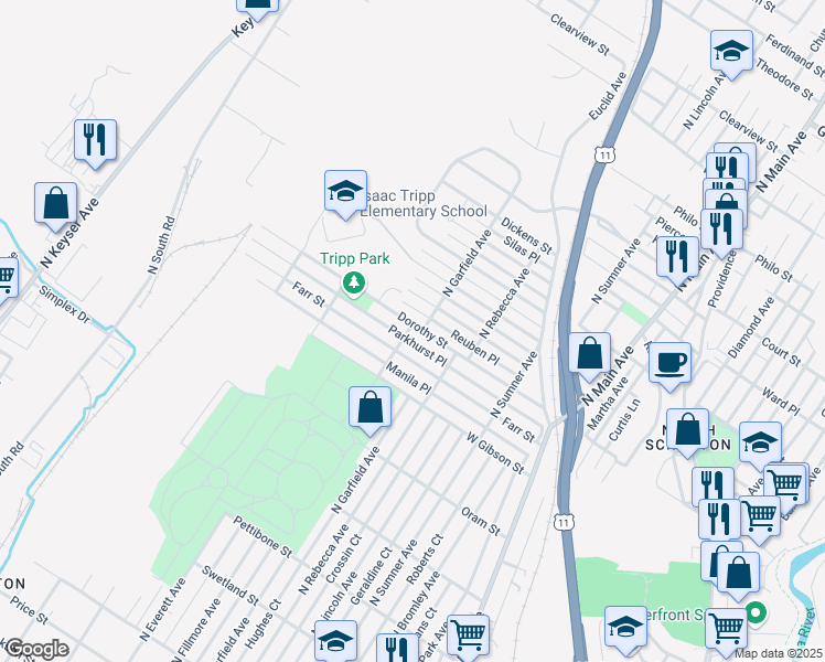 map of restaurants, bars, coffee shops, grocery stores, and more near 1709 Elizabeth Street in Scranton