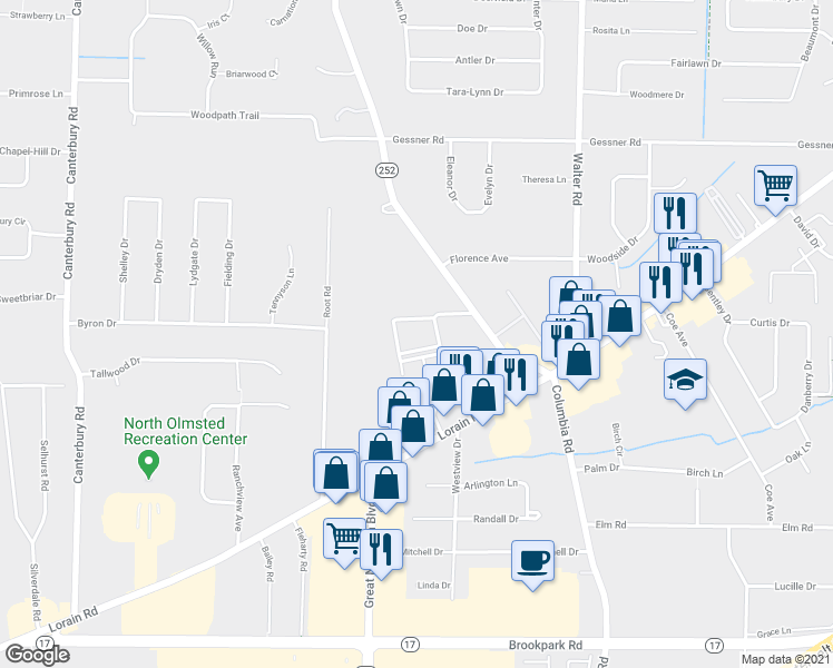 map of restaurants, bars, coffee shops, grocery stores, and more near 4830 Columbia Square in North Olmsted