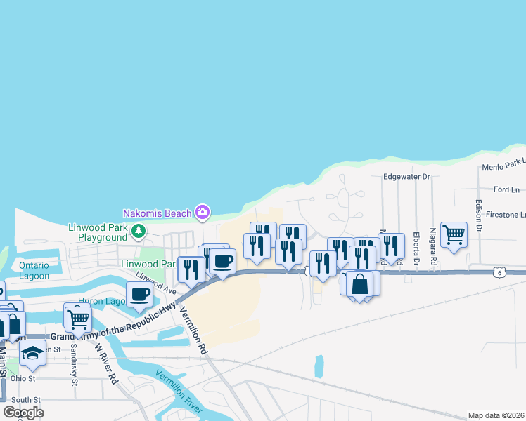 map of restaurants, bars, coffee shops, grocery stores, and more near 4590 Edgewater Drive in Vermilion