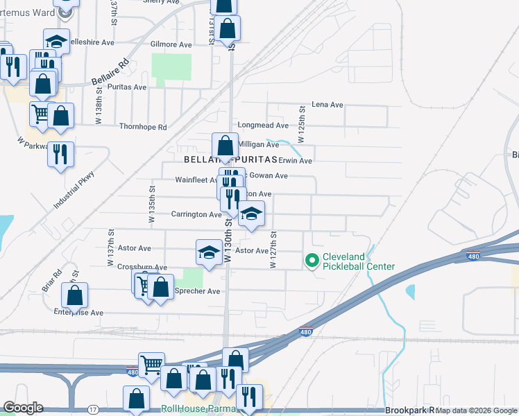 map of restaurants, bars, coffee shops, grocery stores, and more near 12828 Kirton Avenue in Cleveland