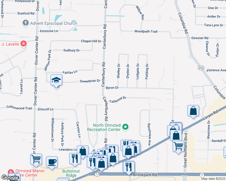 map of restaurants, bars, coffee shops, grocery stores, and more near 26198 Byron Drive in North Olmsted