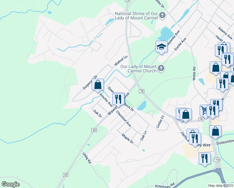 map of restaurants, bars, coffee shops, grocery stores, and more near 48 Deer Court Drive in Middletown