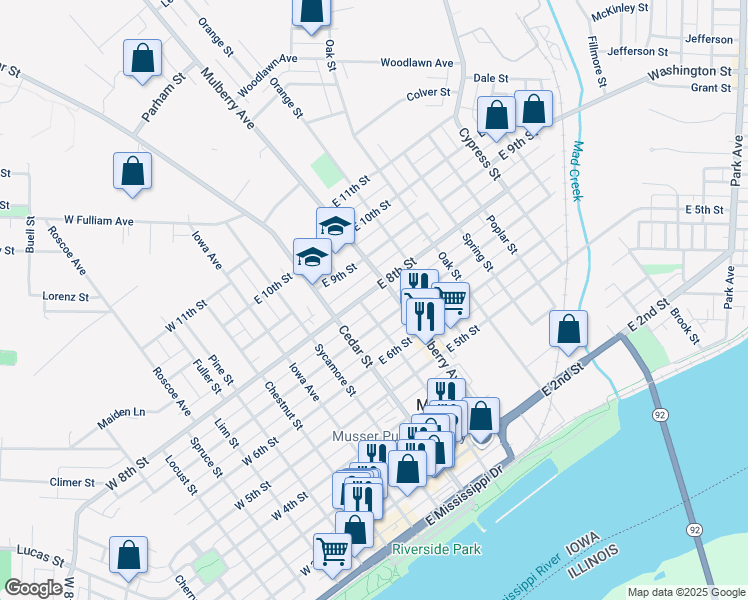 map of restaurants, bars, coffee shops, grocery stores, and more near 320 East 9th Street in Muscatine