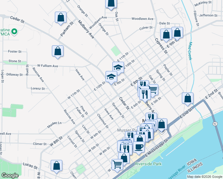 map of restaurants, bars, coffee shops, grocery stores, and more near 914 Cedar St in Muscatine