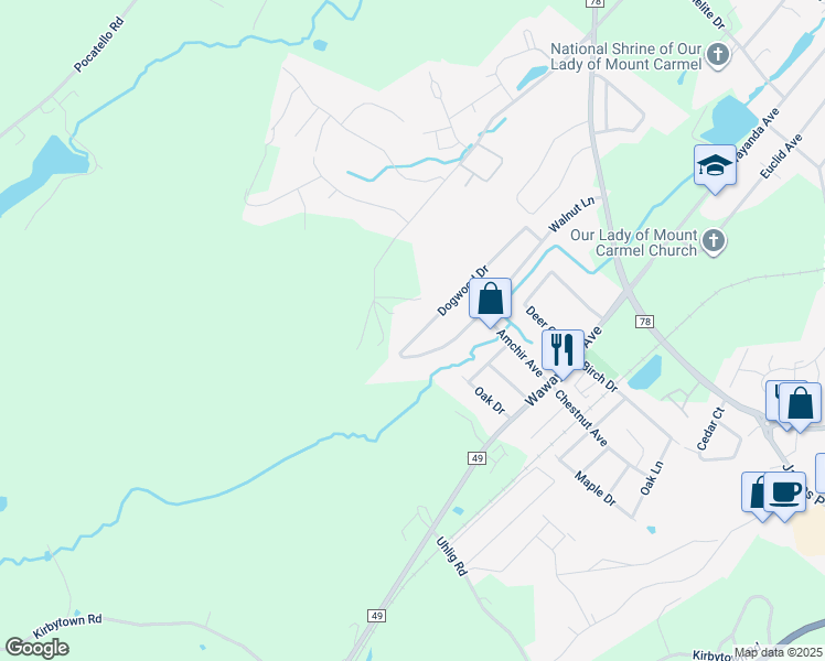 map of restaurants, bars, coffee shops, grocery stores, and more near 38 Dogwood Drive in Middletown